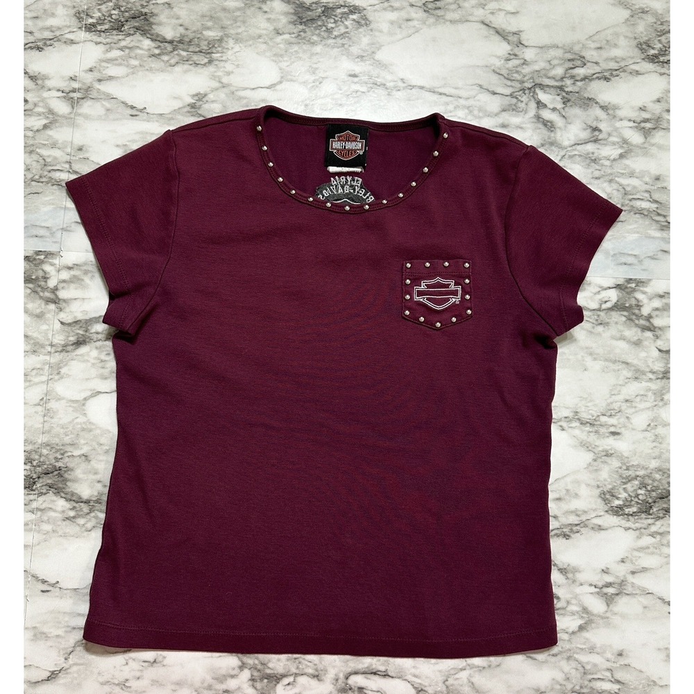 Harley Davidson Women's Shirt L Slim Burgundy Rhinestone Studded Pocket Collar